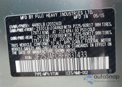 2015 Subaru Forester 2.5I Premium из США, поврежденный, VIN JF2SJAFC8FH831433